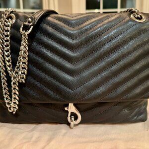 Rebecca Minkoff Edie Medium Quilted Leather Flap Shoulder Bag Black Silver Chain
